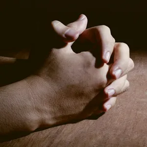 Shadowed hands clasped in prayer.